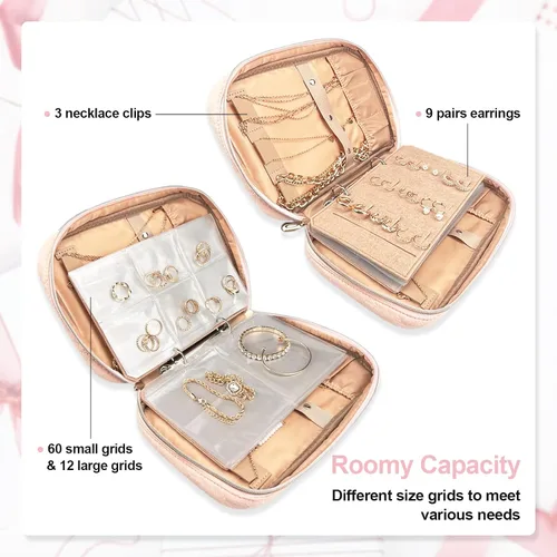 Vista 2 de KOLODOGO Estuche organizador de joyas, cajas de almacenamiento de viaje, bolsa de almacenamiento portátil con cremallera para collares, aretes