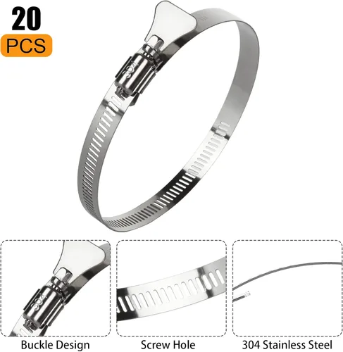 Vista 3 de ZOEYES 20 abrazaderas de conducto de acero inoxidable, abrazaderas de manguera de 4 pulgadas, abrazadera de tornillo sin fin ajustable