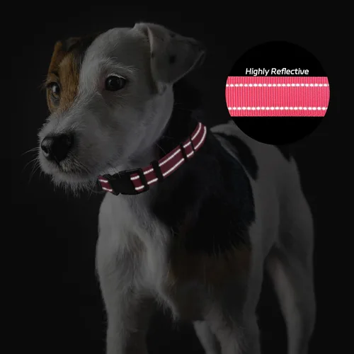 Vista 6 de Collar para perro con hebilla, de nailon transpirable, reflectante, ajustable, para perros pequeños, medianos y grandes, color rosa intenso, grande
