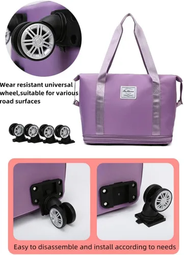 Vista 6 de Bolsa de equipaje plegable de doble capa, expandible, gran capacidad, separación seca y húmeda, bolsa de lona con ruedas, Rosado, Moda
