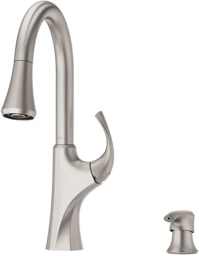 Vista 17 de Pfister Miri 2.0 Llave de cocina con rociador extraíble y dispensador de jabón, de un solo mango, arco alto, certificada por NSF, acabado en oro Oro