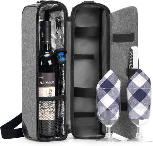 Vista 15 de ALLCAMP - Bolsa de vino con compartimento refrigerador, juego de picnic que lleva dos juegos de vajilla
