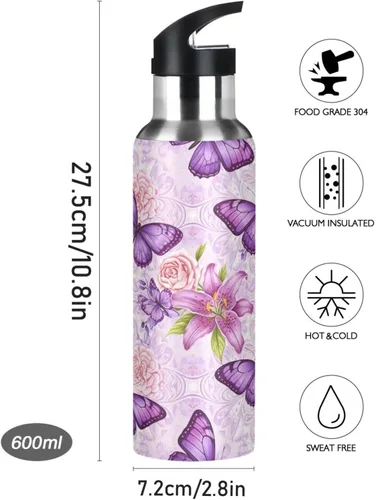 Vista 9 de Purple Butterflies Stainless Steel Water Bottle 20 Oz, BPA-Free Sports Water Bottle Leakproof Water Bottles