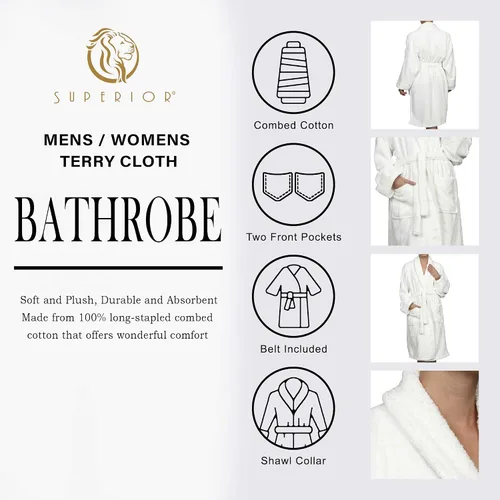 Vista 3 de Superior Bata de rizo unisex de algodón, batas suaves y absorbentes para hombres y mujeres, accesorios de baño
