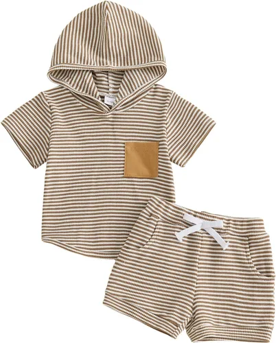 Vista 10 de MERSARIPHY Ropa para bebé niño de 6, 12, 18 meses, 2T 3T, traje de verano, punto gofre, a rayas, informal, camiseta y pantalones cortos