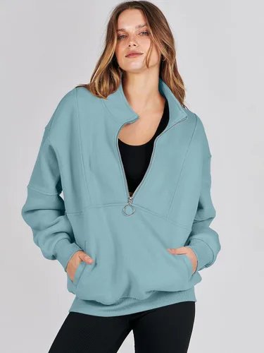 Vista 3 de ANRABESS Sudaderas de forro polar con media cremallera para mujer, de gran tamaño, con cremallera de un cuarto, ropa de moda para otoño de 2024