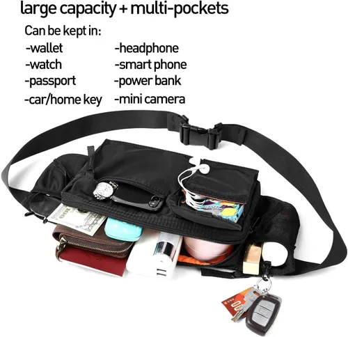 Vista 8 de Riñonera grande impermeable negra para hombres y mujeres, bolsa de cinturón, bolsa de cadera con correa ajustable, riñonera ligera de primera