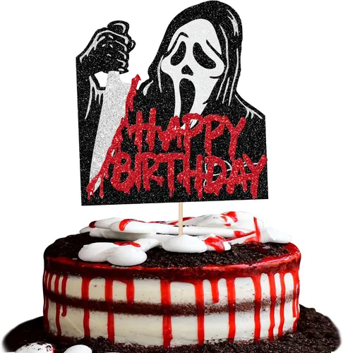Vista 12 de 1 pieza de decoración de pastel de cumpleaños con purpurina montada con purpurina clásica de Halloween para torta de terror sangrienta temática