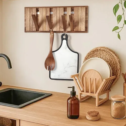 Vista 8 de Perchero de pared para entrada: Plegable rústico de madera con 8 ganchos, montaje de 16.5 pulgadas, elegante colgador de piano para pasillo