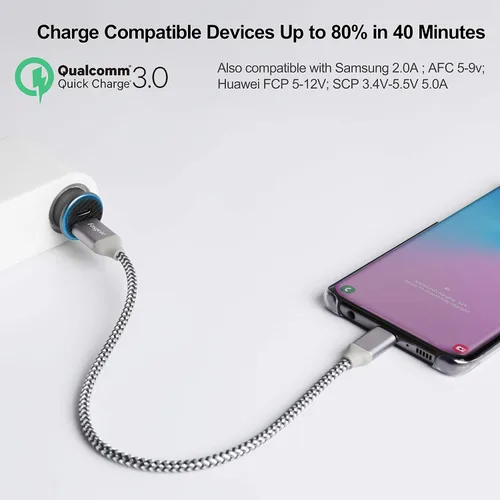 Vista 2 de Cargador de coche USB C Encendedor de carga rápida: Adaptador de coche PD y QC 3.0 de 30 W - Bloque de puertos dobles compatible con iPhone, i-Pad