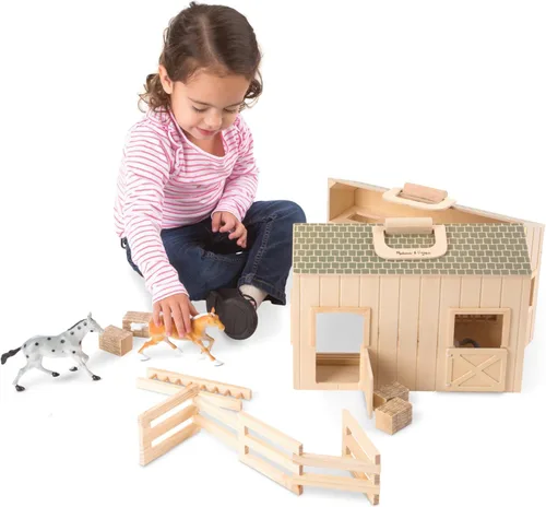 Vista 3 de Melissa & Doug Casa de muñecas de madera Fold and Go con establo de caballos con asa y caballos de juguete (11 piezas)