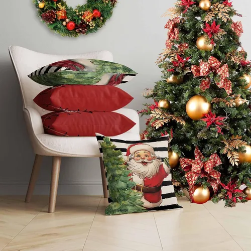 Vista 4 de Juego de 4 fundas de almohada rojas navideñas de 18 x 18 pulgadas, fundas de almohada cuadradas de lino rústico de Navidad, fundas de almohada