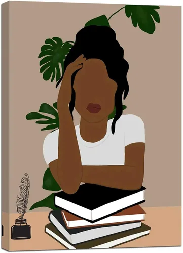 Vista 10 de Arte de pared bohemio afroamericano, pintura impresa enmarcada de mujeres negras, póster de amante de libros, impresión en lienzo de niña negra