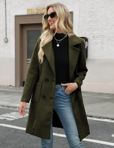 Vista 2 de Bankeng Chaqueta de solapa de doble botonadura con muesca para mujer, mezcla de lana de camello Verde Armada (ArmyGreen)