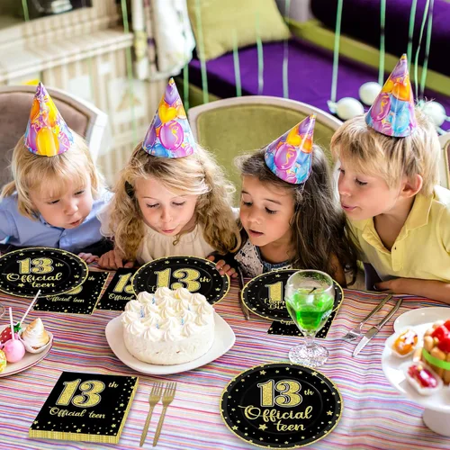 Vista 6 de Juego de vajilla de 96 piezas para cumpleaños número 13, platos desechables oficiales para adolescentes de 13 años, platos de fiesta de cumpleaños