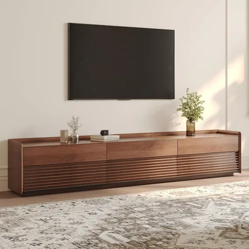 Vista 11 de POVISON Soporte de TV moderno de mediados de siglo totalmente ensamblado con luces LED ajustables, consola multimedia de madera, centro