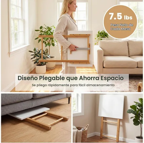 Vista 6 de Giantex Mesa plegable para TV – Juego de 2 bandejas de TV de bambú para comer en el sofá, sofá plegable para espacios pequeños, sala de estar
