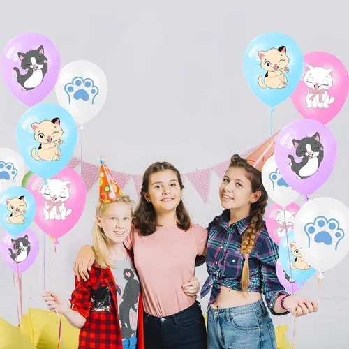 Vista 7 de Globos de fiesta de gatos, globos de gatito para decoración de cumpleaños, 16 globos de látex con estampado de gatos de dibujos animados