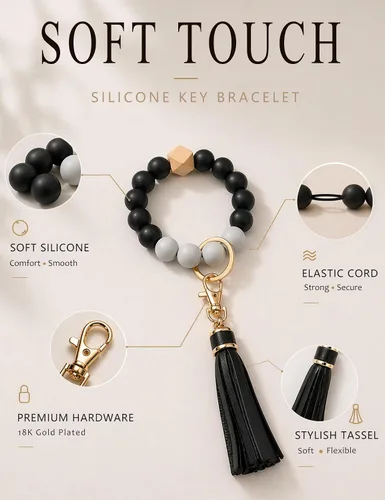 Vista 3 de BAOSIWA Pulsera de cuentas de silicona, llavero de pulsera, cadena para mujer, con borla de cuero Negro