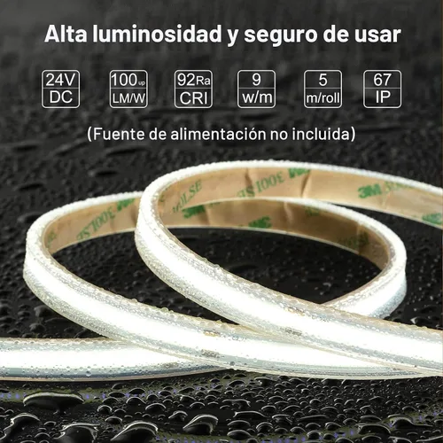 Vista 2 de LLTOP Tira de luces LED COB Impermeable IP67 DC24v Luz blanca del día 6000K 5m/16.4 pies Alto CRI 92Ra+ Tira de luces LED para exteriores Cortada