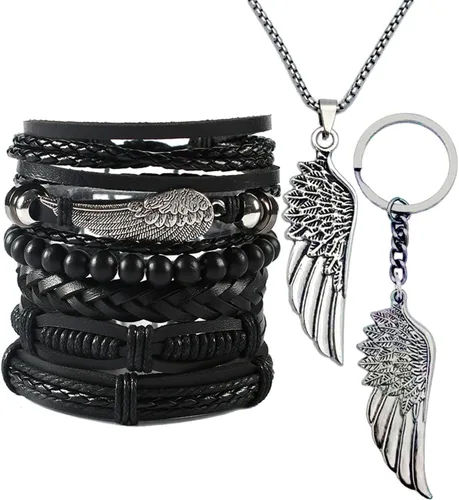 Vista 9 de Juego de 8 pulseras de cuero punk para hombres y mujeres, 6 puños trenzados de poliuretano, collar y llavero, ajustable, apilable