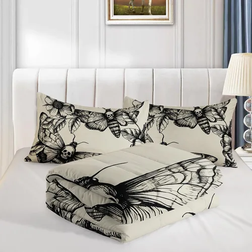 Vista 5 de HOSIMA Juego de edredón de decoración gótica, patrón de calaveras de polilla de la muerte, juego de cama de Halloween tamaño Queen para decoración