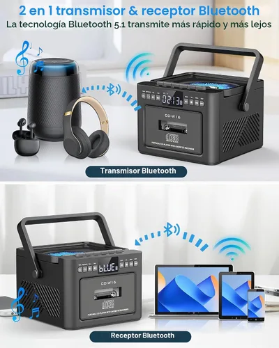 Vista 4 de Greadio Boombox - Combo de reproductor de CD y cassette, reproductor de CD recargable de 5000 mAh con Bluetooth de recepción/transmisión/radio
