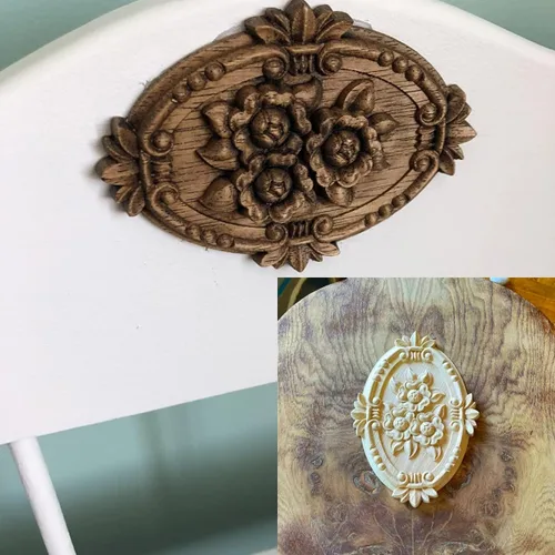 Vista 7 de Apliques de madera, adornos decorativos de madera, adornos tallados en rosas para muebles, calcomanías ovaladas de talla central para puerta 1