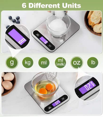 Vista 6 de Atogou Báscula de alimentos, báscula digital de cocina de 33 libras con pantalla LCD de vista completa, superficie de acero inoxidable duradera