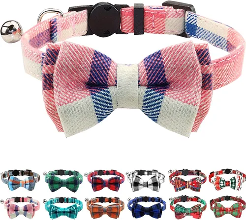 Vista 18 de Collar Joytale con corbatín y campana, lindos patrones de cuadros, 1 o 2 unidades de collares de seguridad para gato, Negro