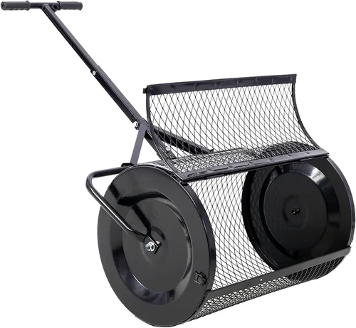 Vista 9 de Esparcidor de compost, rodillo esparcidor de estiércol de turba de 24 pulgadas con mango ajustable en forma de T, esparcidor de malla metálica