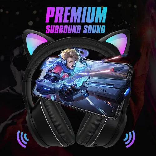 Vista 2 de Auriculares con cable AUX de 0.138 in para juegos con orejas de gato, con luz LED, para adultos y niños, niñas, niños, auriculares estéreo plegables