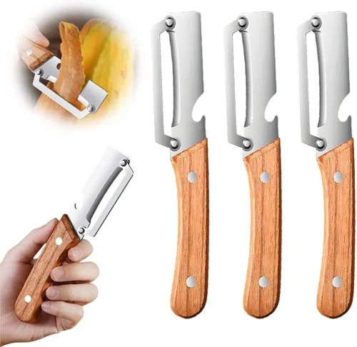 Vista 10 de Cuchillo pelador de frutas grueso multifuncional de acero inoxidable para cocina, hoja ultraafilada con mango de madera y abridor de botellas