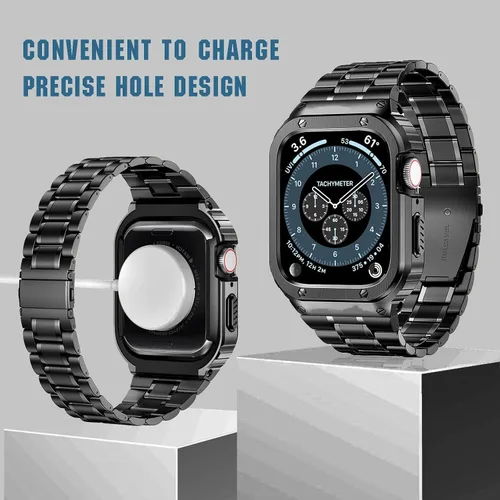 Vista 4 de MioHHR Correa de Acero Inoxidable para Reloj con Estuche Compatible con Correas de Apple Watch 40/41 mm, Correa Resistente con Cubierta Protectora