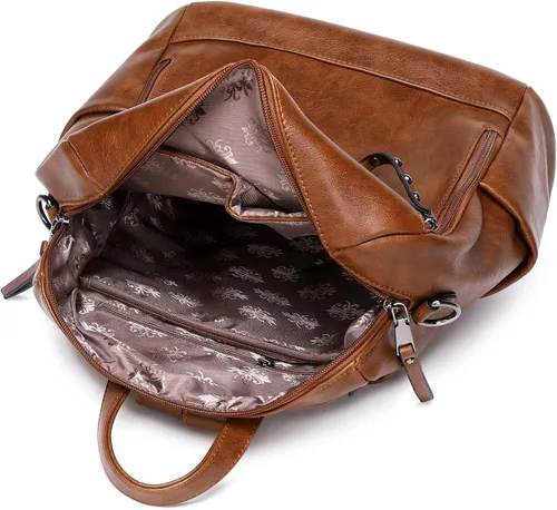 Vista 6 de Mochila de cuero para mujer, tamaño pequeño, a la moda, para todos los días, viajes, bolsa de hombro, color marrón, Marrón, talla única , Fashion