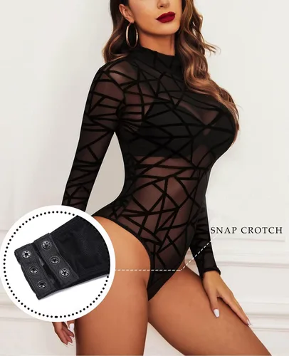 Vista 3 de YOGOLAI Body de malla transparente para mujer, cuello alto, manga larga, elástico, leotardo