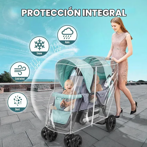 Vista 2 de Funda de lluvia doble para cochecito, protector impermeable para cochecito doble en tándem, funda de cochecito gemelos para lluvia, viento, nieve