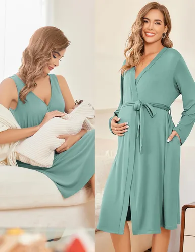 Vista 4 de Ekouaer Conjunto de bata y bata de maternidad para mujer, camisón de lactancia para el parto, ropa de embarazo, S-XXL
