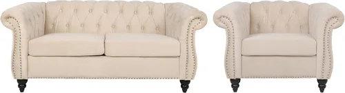 Vista 4 de RARZOE Chesterfield - Juego de sofá biplaza, beige, espuma, 1+2 plazas, 67 pulgadas de ancho x 32 pulgadas de profundidad x 27 pulgadas de alto