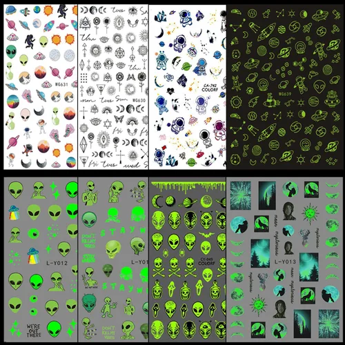 Vista 7 de Calcomanías de arte de uñas alienígenas: 3D Astronauta Space Alien UFO Rocket Tierra Luna Estrella Calcomanías de transferencia de uñas - Diseños