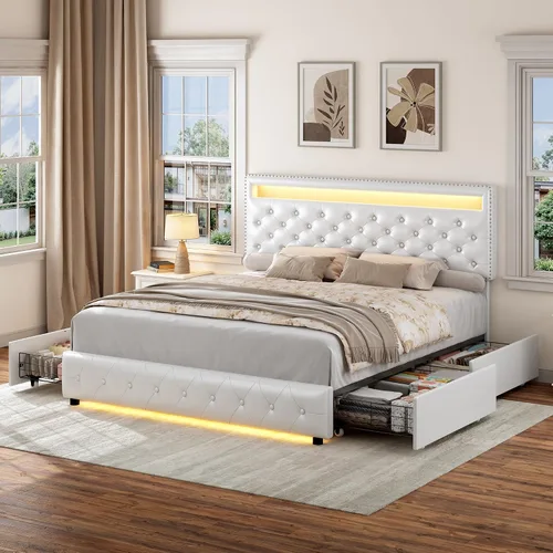 Vista 16 de Torana - Base de cama con luces LED, cabecero ajustable y 2 cajones, color blanco PU