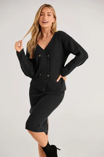 Vista 4 de PRETTYGARDEN Conjunto de 2 piezas de suéter para mujer, con cuello en V, con botones, cárdigan y falda entallada