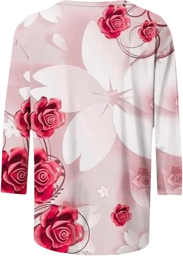 Vista 5 de SMIDOW Camisetas de manga 34 para mujer, estilo casual, bohemio, estampado floral, holgadas, para verano, primavera, básicas