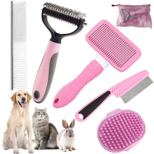 Vista 10 de Kit de Aseo para Baño con Cepillo de Pelo, Toalla y Guantes de Limpieza - Cepillo Slicker 6-en-1 para Perros y Gatos que Sueltan Pelo, Azul