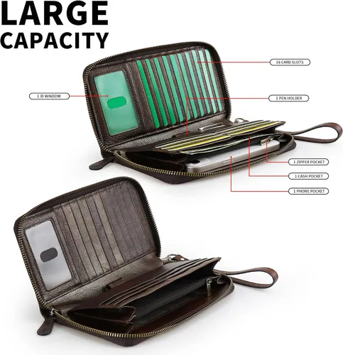 Vista 5 de Cartera de cuero con bloqueo RFID para mujer, de gran capacidad, con correa de mano desmontable