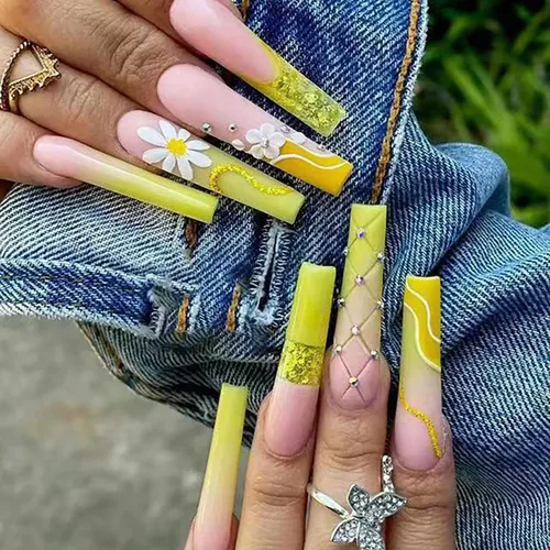 Vista 8 de Uñas postizas a presión de longitud cuadrada larga, cobertura completa, reutilizables, uñas postizas de bailarina, uñas adhesivas con diseños