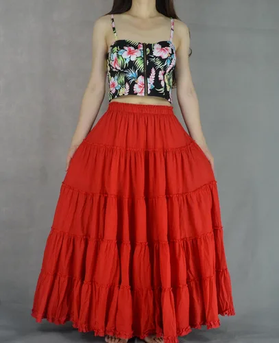 Vista 4 de Falda de mujer de algodón con 5 niveles, falda plisada de línea A larga bohemia, falda de baile gitana