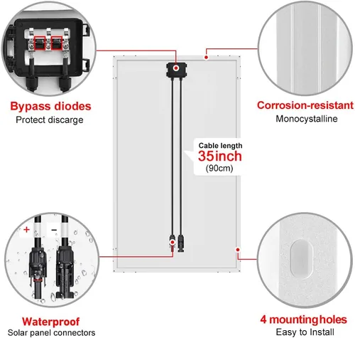 Vista 5 de DOKIO Panel solar monocristalino de 100 W y 18 V para carga de batería de 12 V, módulo de vidrio con marco de aluminio, conector MC4, agujeros