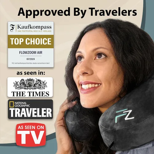 Vista 8 de FLOWZOOM Almohada inflable para el cuello para viajar en avión, almohada de avión con capucha en forma de H con 5 modos de repetición, inflado Negro
