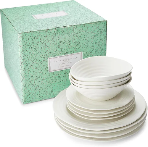 Vista 3 de Portmeirion Sophie Conran - Juego de vajilla de porcelana blanca de 12 piezas, diseño ondulado, juego de platos y cuencos para uso diario